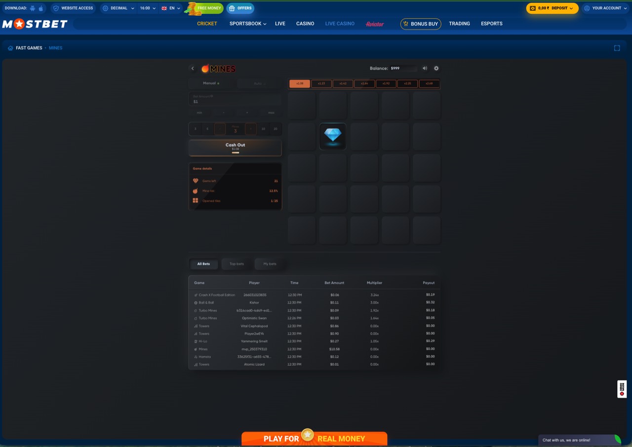 Mostbet Mines live board showing the active grid, current multiplier, and in-round game state