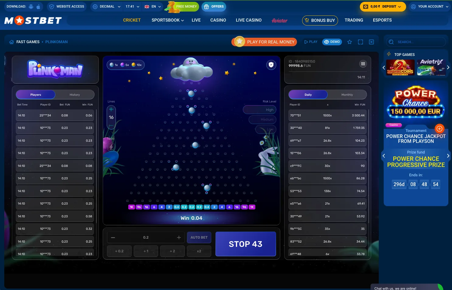 PlinkoMan by Galaxsys on Mostbet showing the live board, line count selector, and bottom multiplier slots