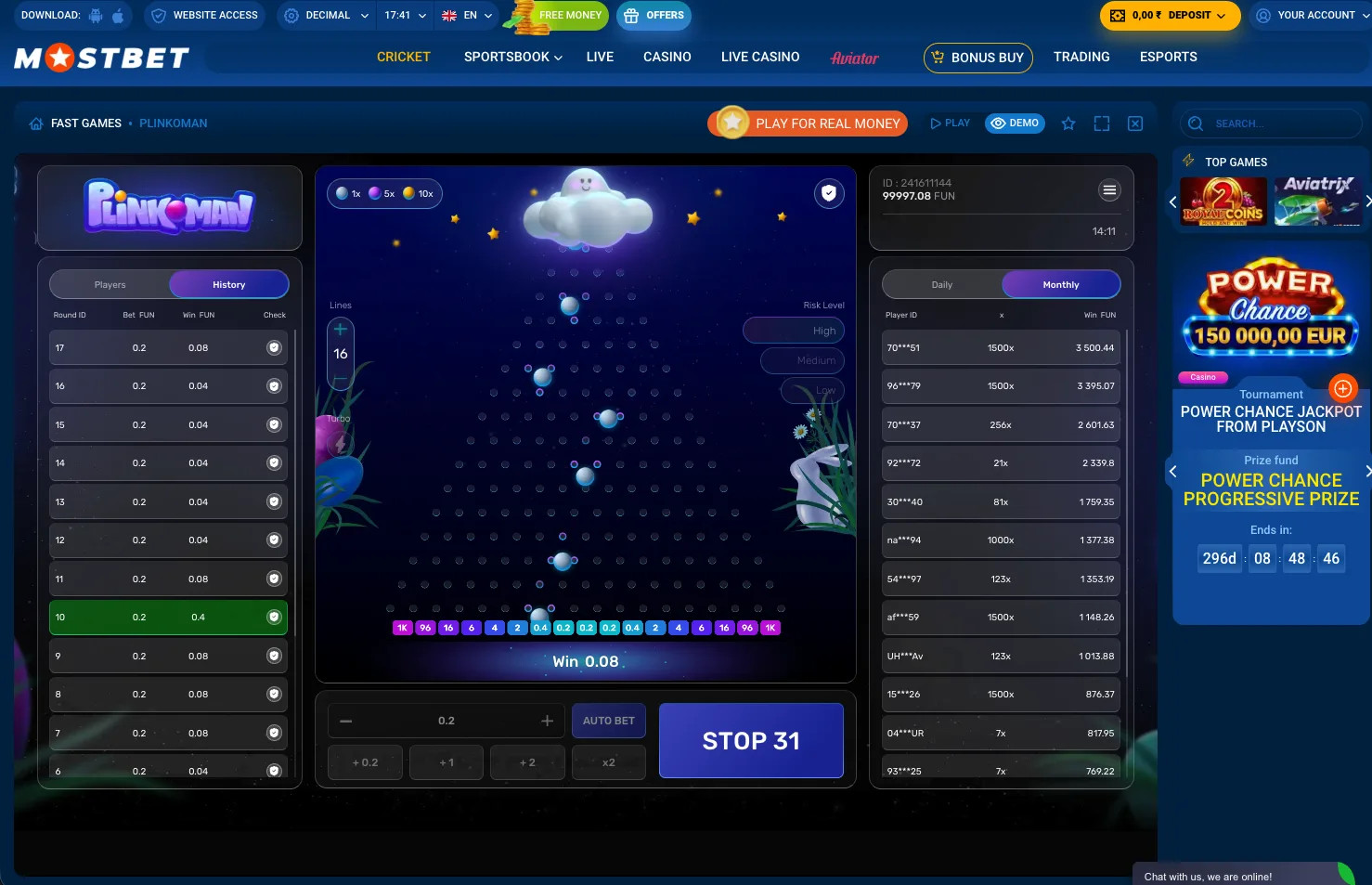 PlinkoMan by Galaxsys on Mostbet showing the game board with history and top-win panels on both sides