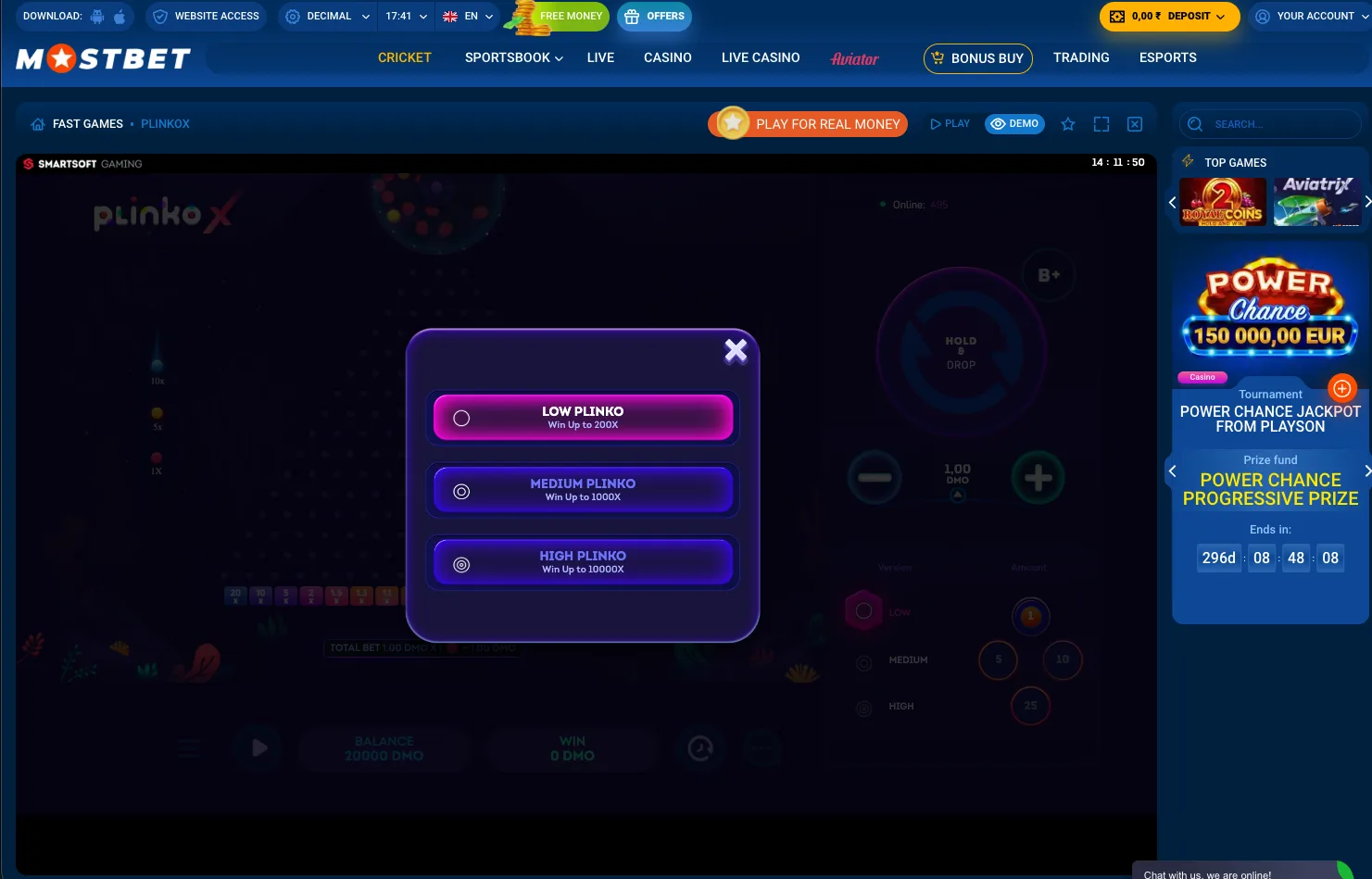 PlinkoX by Smartsoft on Mostbet showing the low, medium, and high Plinko mode selector